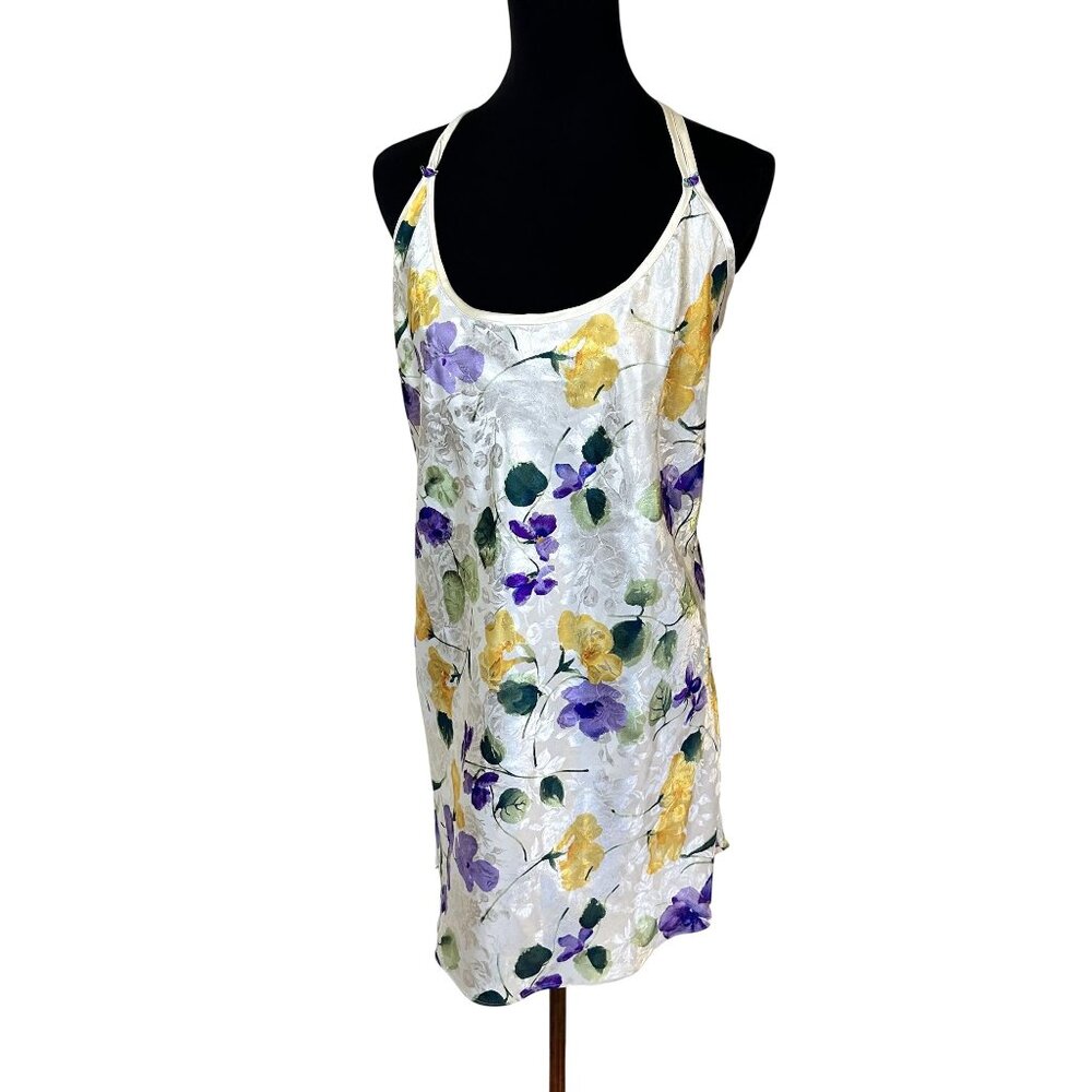 Womens Floral Satin Slip Dress Neglige Adjustable Straps Cream 2X Nightgown
